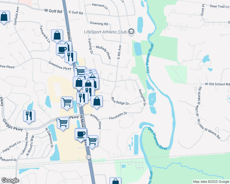 map of restaurants, bars, coffee shops, grocery stores, and more near 1406 James Court in Libertyville