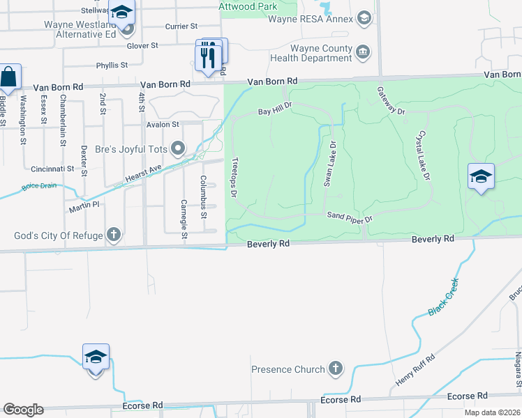map of restaurants, bars, coffee shops, grocery stores, and more near 6274 Inverness Court in Romulus
