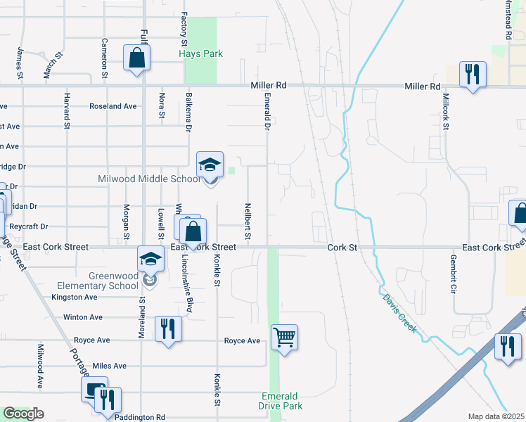 map of restaurants, bars, coffee shops, grocery stores, and more near 3016 Emerald Drive in Kalamazoo