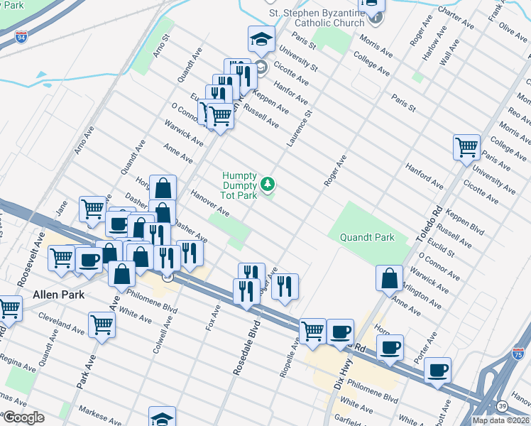 map of restaurants, bars, coffee shops, grocery stores, and more near 14921 Anne Avenue in Allen Park