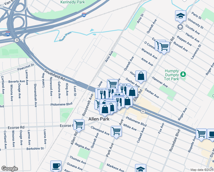 map of restaurants, bars, coffee shops, grocery stores, and more near 6027 Kim Avenue in Allen Park