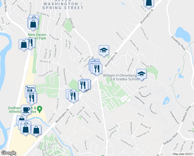 map of restaurants, bars, coffee shops, grocery stores, and more near Washington Street & Grove Street in Boston