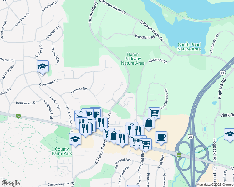 map of restaurants, bars, coffee shops, grocery stores, and more near 1933 Boulder Drive in Ann Arbor