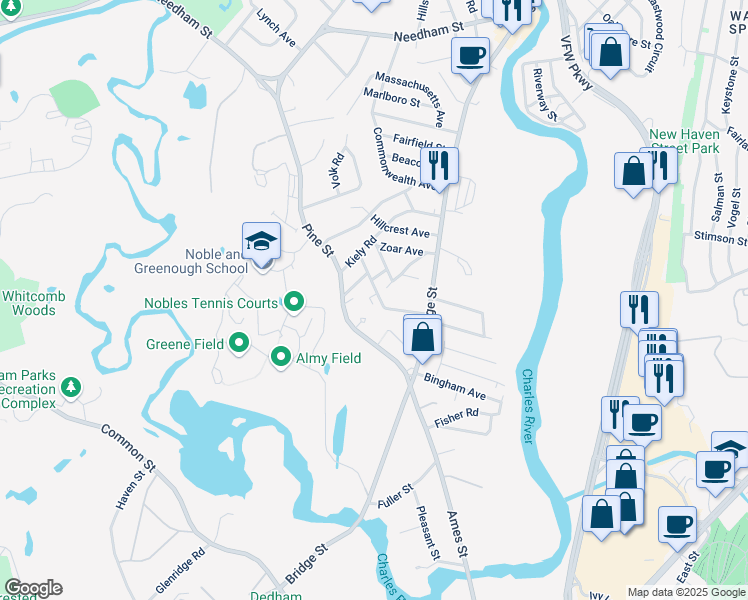 map of restaurants, bars, coffee shops, grocery stores, and more near 37 Arcadia Avenue in Dedham