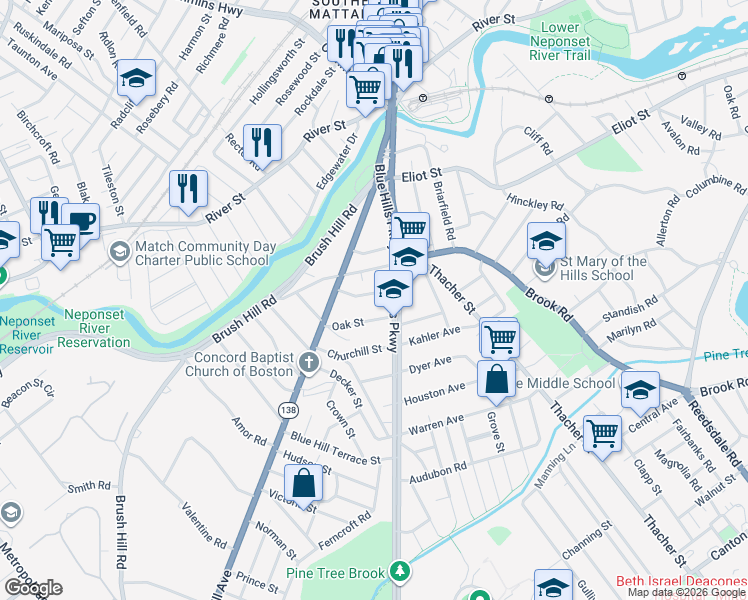 map of restaurants, bars, coffee shops, grocery stores, and more near 171 Blue Hills Parkway in Milton
