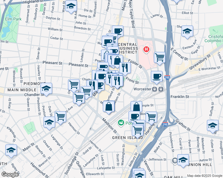 map of restaurants, bars, coffee shops, grocery stores, and more near in Worcester