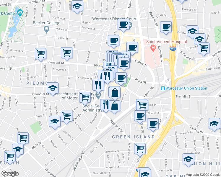 map of restaurants, bars, coffee shops, grocery stores, and more near in Worcester