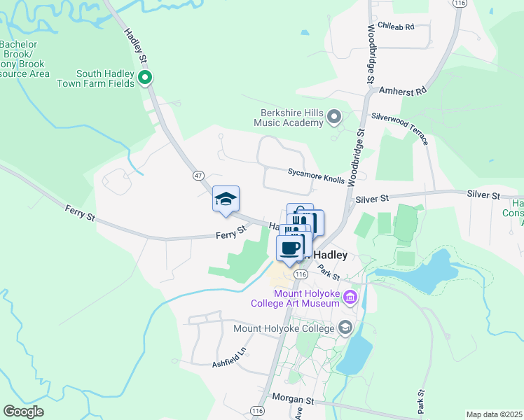 map of restaurants, bars, coffee shops, grocery stores, and more near 23 Hadley Street in South Hadley