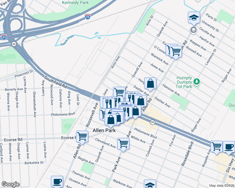 map of restaurants, bars, coffee shops, grocery stores, and more near 6027 Kim Avenue in Allen Park