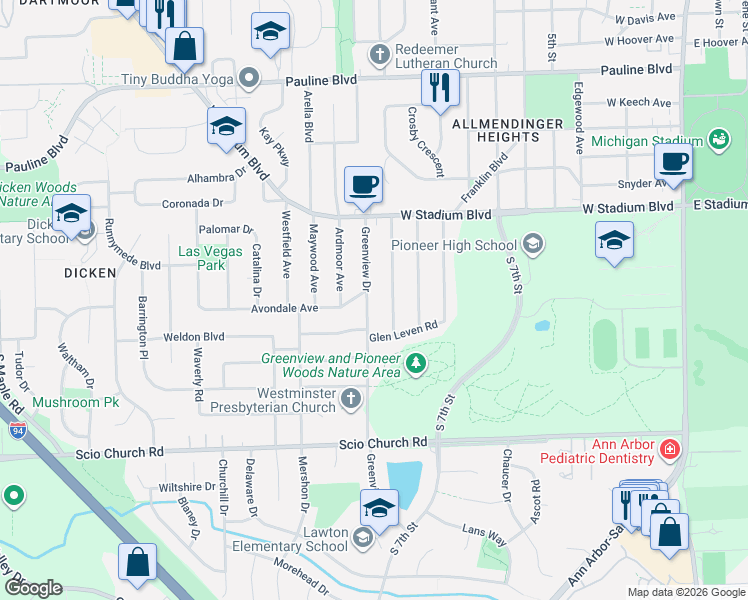 map of restaurants, bars, coffee shops, grocery stores, and more near 1608 Marian Avenue in Ann Arbor