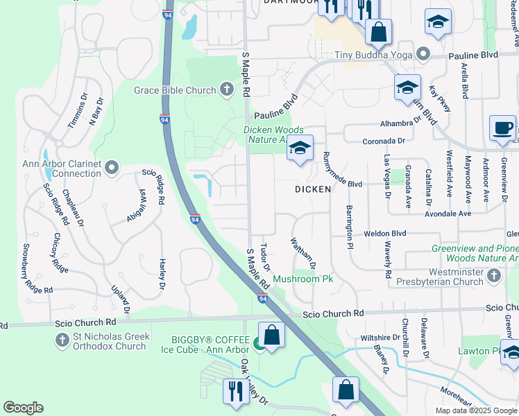 map of restaurants, bars, coffee shops, grocery stores, and more near 1645 South Maple Road in Ann Arbor