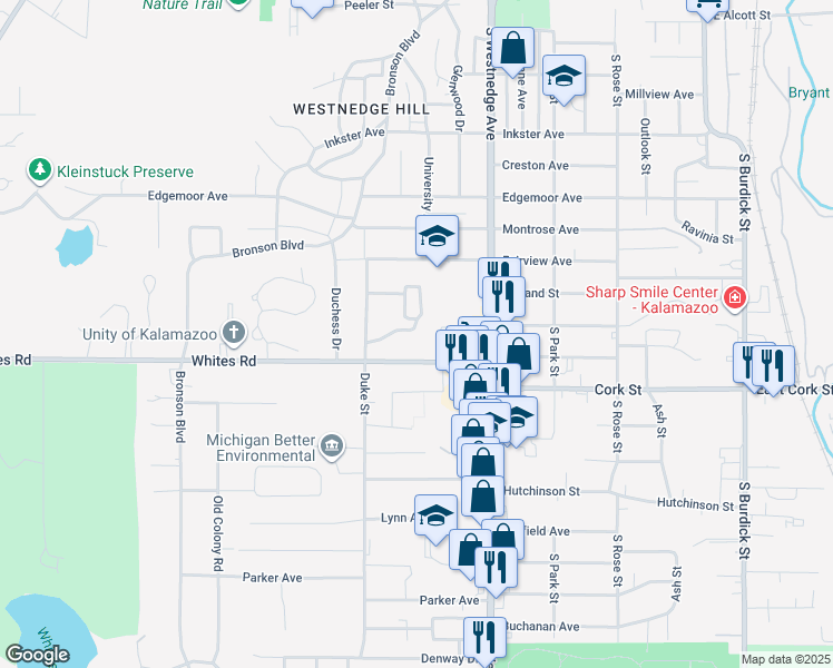 map of restaurants, bars, coffee shops, grocery stores, and more near 717 Whitcomb Street in Kalamazoo