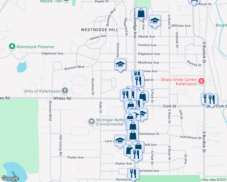 map of restaurants, bars, coffee shops, grocery stores, and more near 717 Whitcomb Street in Kalamazoo