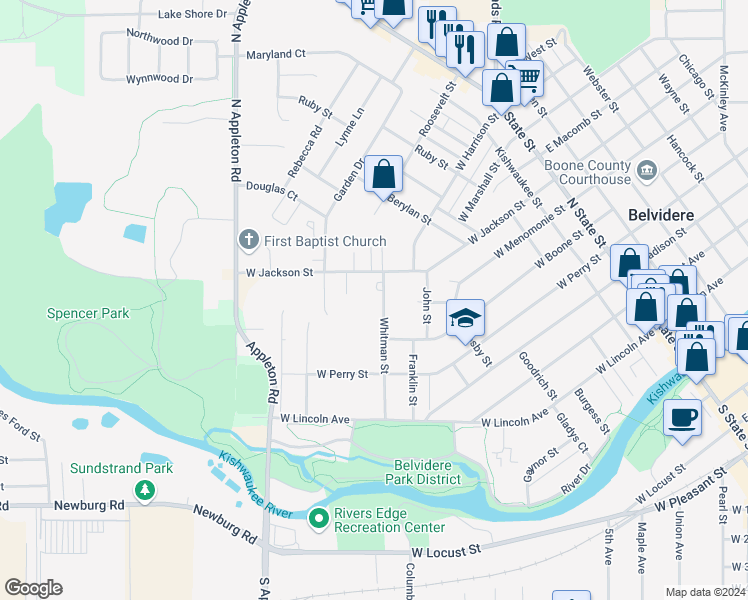 map of restaurants, bars, coffee shops, grocery stores, and more near 816 West Jackson Street in Belvidere