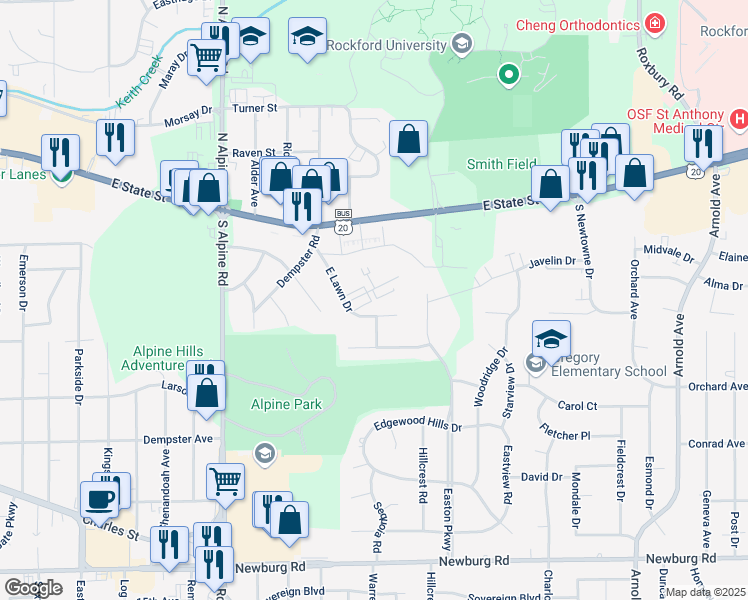map of restaurants, bars, coffee shops, grocery stores, and more near 4856 East Lawn Drive in Rockford
