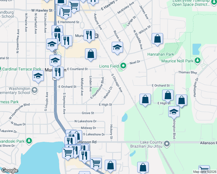 map of restaurants, bars, coffee shops, grocery stores, and more near 102 Walnut Court in Mundelein