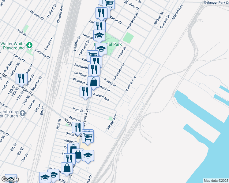 map of restaurants, bars, coffee shops, grocery stores, and more near 57 Orchard Street in River Rouge