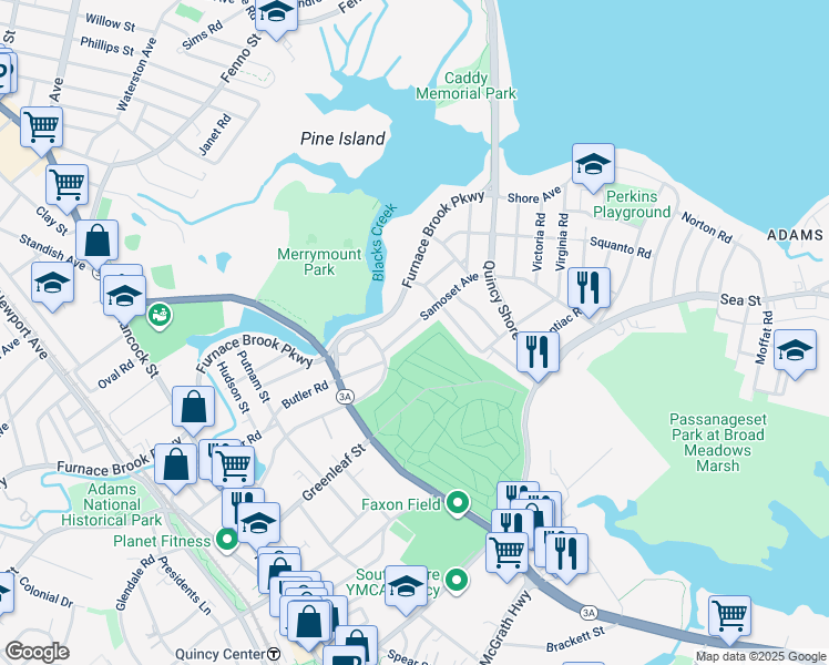 map of restaurants, bars, coffee shops, grocery stores, and more near 33 Samoset Avenue in Quincy