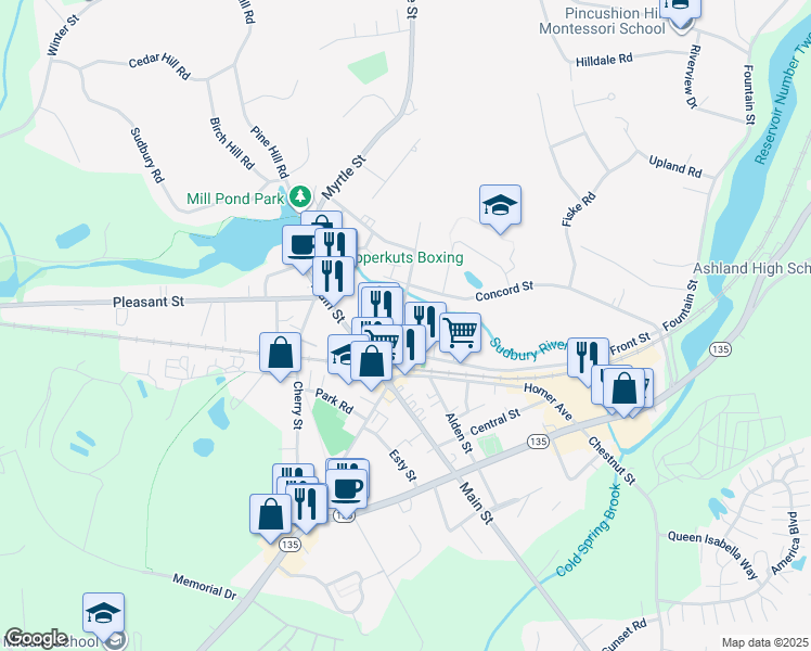 map of restaurants, bars, coffee shops, grocery stores, and more near 31 Concord Street in Ashland