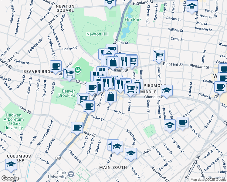 map of restaurants, bars, coffee shops, grocery stores, and more near 215 Chandler Street in Worcester