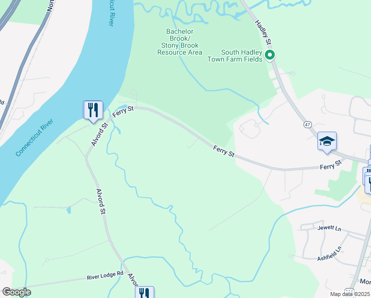 map of restaurants, bars, coffee shops, grocery stores, and more near 146 Ferry Street in South Hadley