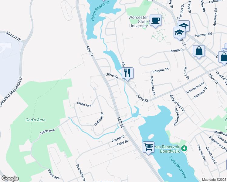 map of restaurants, bars, coffee shops, grocery stores, and more near 374 Mill Street in Worcester
