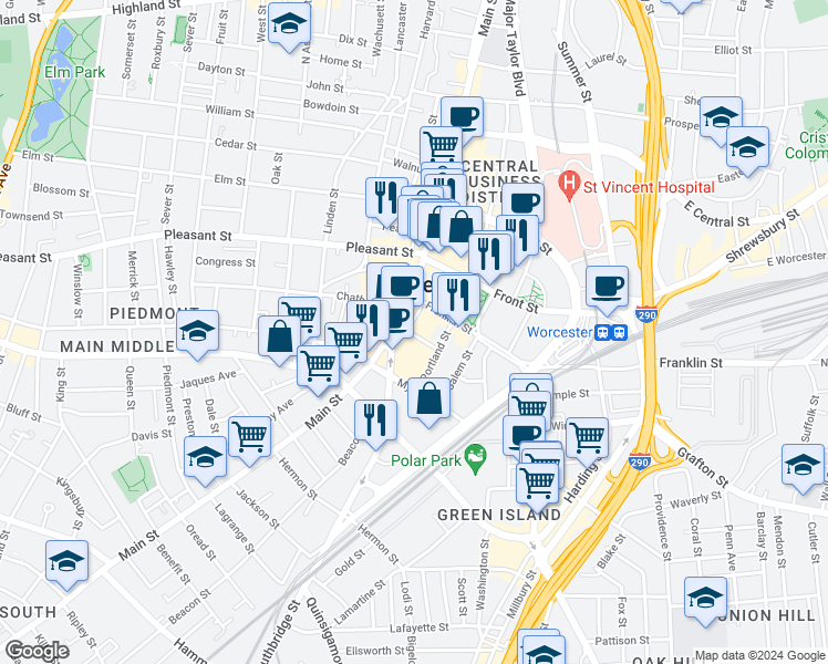 map of restaurants, bars, coffee shops, grocery stores, and more near in Worcester