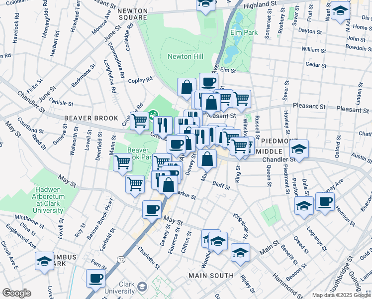 map of restaurants, bars, coffee shops, grocery stores, and more near 320 Park Avenue in Worcester