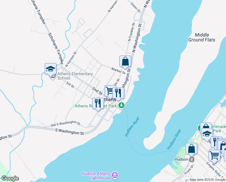 map of restaurants, bars, coffee shops, grocery stores, and more near 9 North Franklin Street in Athens