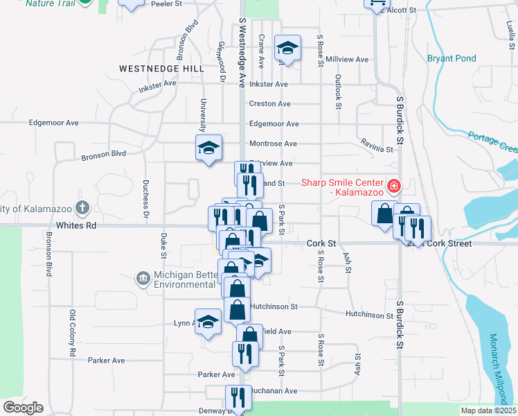 map of restaurants, bars, coffee shops, grocery stores, and more near 435 Whitcomb Street in Kalamazoo