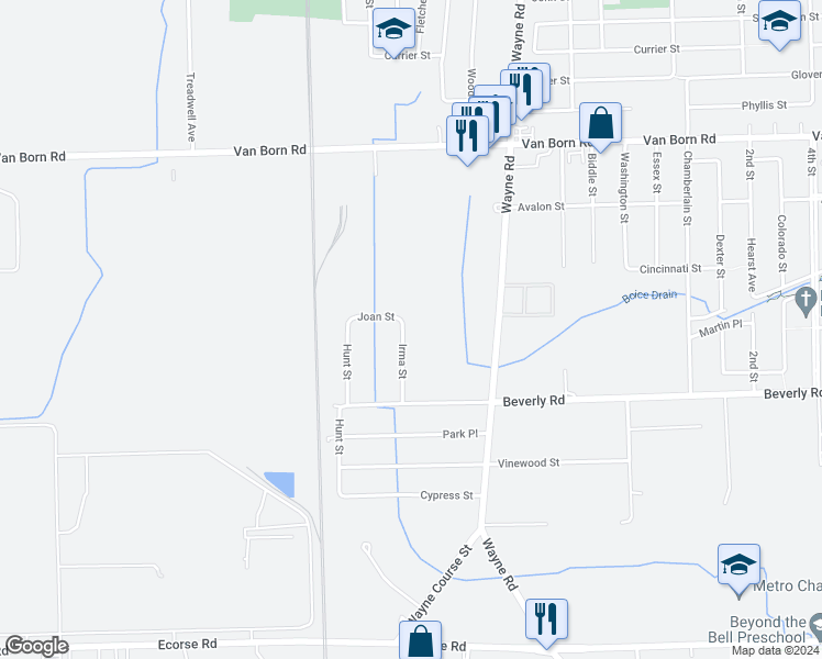 map of restaurants, bars, coffee shops, grocery stores, and more near 6229 Irma Street in Romulus