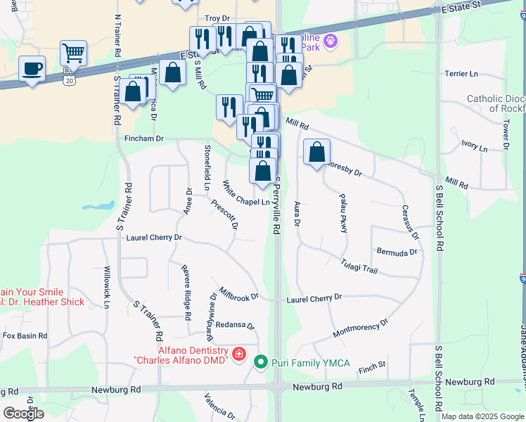 map of restaurants, bars, coffee shops, grocery stores, and more near 995 South Perryville Road in Rockford