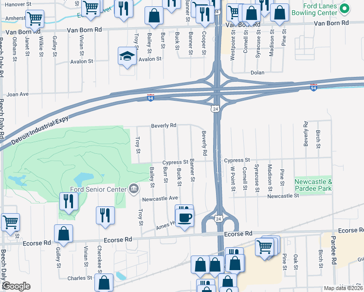 map of restaurants, bars, coffee shops, grocery stores, and more near 6528 Buck Street in Taylor