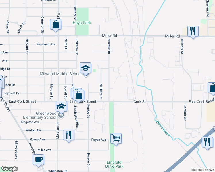 map of restaurants, bars, coffee shops, grocery stores, and more near 3016 Emerald Drive in Kalamazoo