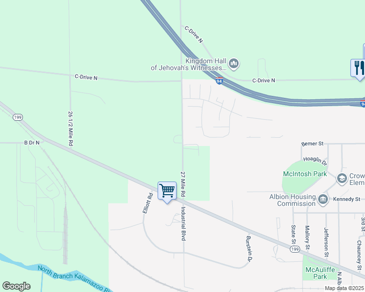 map of restaurants, bars, coffee shops, grocery stores, and more near 12000 27 Mile Road in Albion