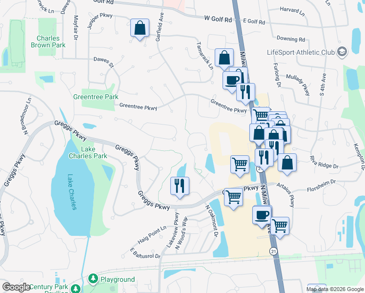 map of restaurants, bars, coffee shops, grocery stores, and more near 1916 Crenshaw Circle in Vernon Hills
