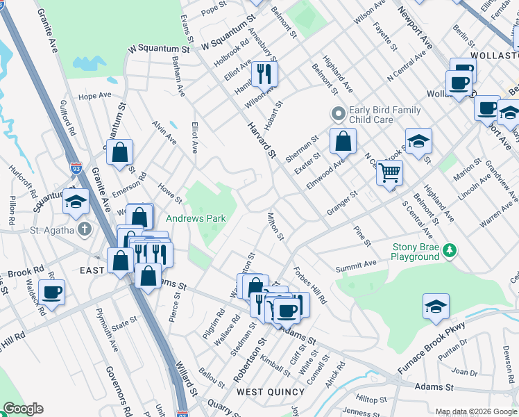 map of restaurants, bars, coffee shops, grocery stores, and more near 326 Elmwood Avenue in Quincy