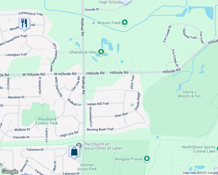 map of restaurants, bars, coffee shops, grocery stores, and more near 725 Saddle Ridge in Crystal Lake