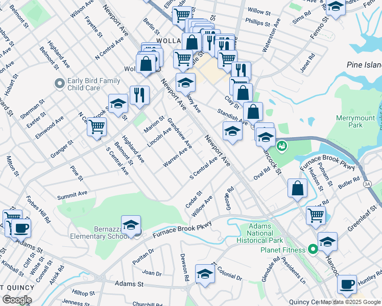 map of restaurants, bars, coffee shops, grocery stores, and more near 133 Grandview Avenue in Quincy