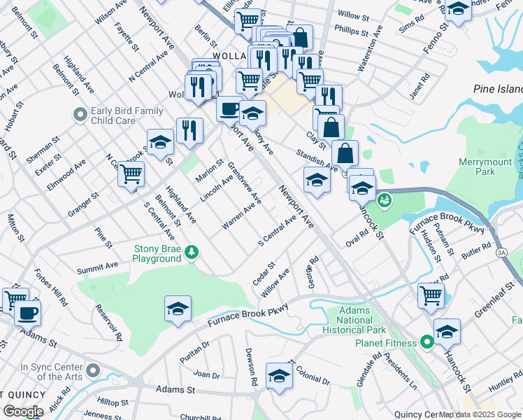 map of restaurants, bars, coffee shops, grocery stores, and more near 133 Grandview Avenue in Quincy