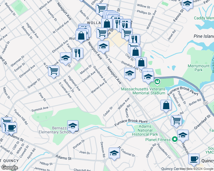 map of restaurants, bars, coffee shops, grocery stores, and more near 133 Grand View Ave in Quincy