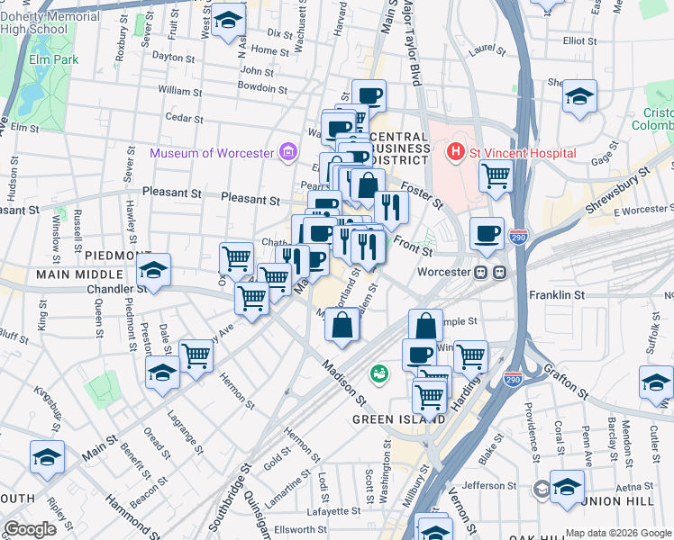 map of restaurants, bars, coffee shops, grocery stores, and more near 484 Main Street in Worcester