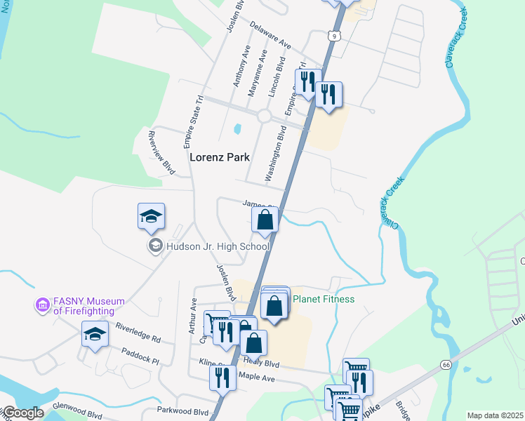 map of restaurants, bars, coffee shops, grocery stores, and more near 7 James Street in Hudson