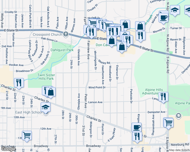 map of restaurants, bars, coffee shops, grocery stores, and more near 512 Fairview Avenue in Rockford
