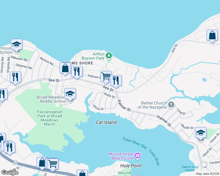 map of restaurants, bars, coffee shops, grocery stores, and more near 493-495 Sea Street in Quincy
