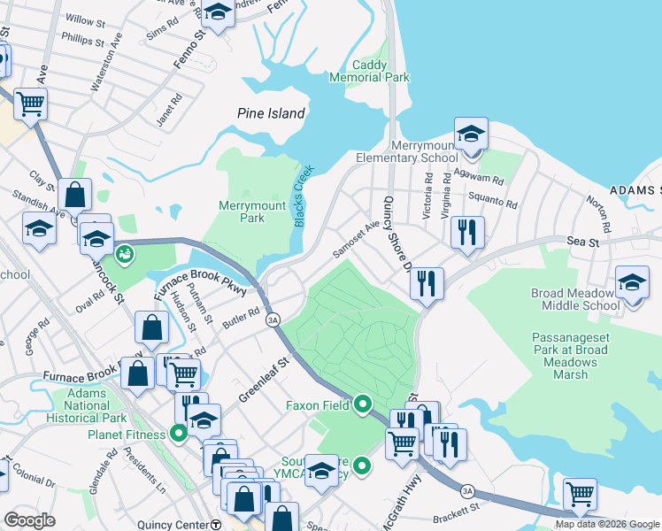 map of restaurants, bars, coffee shops, grocery stores, and more near 33 Samoset Avenue in Quincy