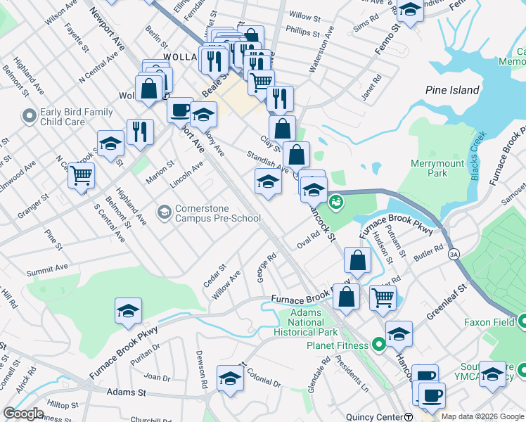 map of restaurants, bars, coffee shops, grocery stores, and more near 157 Old Colony Avenue in Quincy