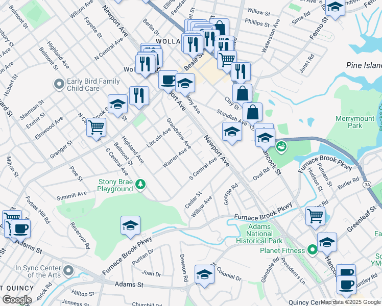 map of restaurants, bars, coffee shops, grocery stores, and more near 137 Grandview Avenue in Quincy