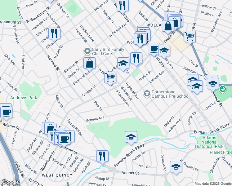 map of restaurants, bars, coffee shops, grocery stores, and more near 234 Everett Street in Quincy