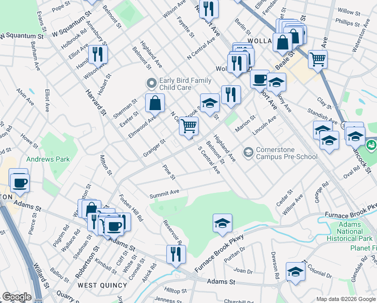 map of restaurants, bars, coffee shops, grocery stores, and more near 234 Everett Street in Quincy
